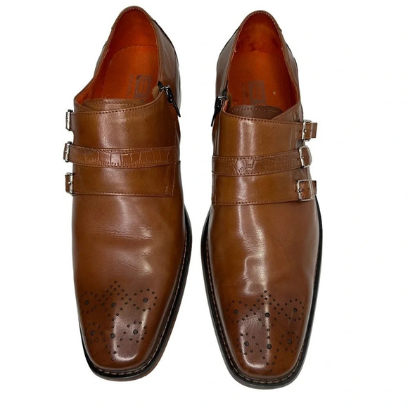 Steven Land Cognac Genuine Leather Slip-On Shoes With Triple Monk Straps Sz: 11M main image 9